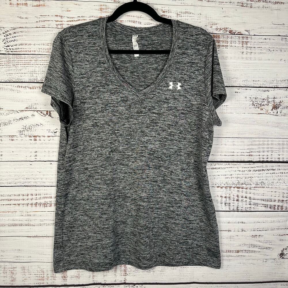 Womens Under Armour Gray Black Marled V Neck HeatGear Loose Activewear T Shirt L
